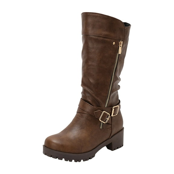 YLYL Knee High Boots for Women Platform Side Zipper Leather Lug Sole Western Cowboy Motorcycle Knight Vintage Cowgirl Tall Boots