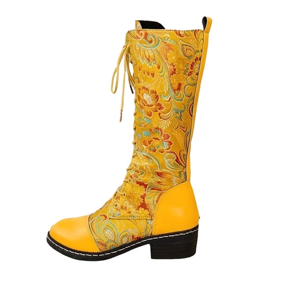 YLYL Knee High Boots for Women Flower Embroidered Vintage Ethnic Round Toe Lace up Motorcycle Riding Boots