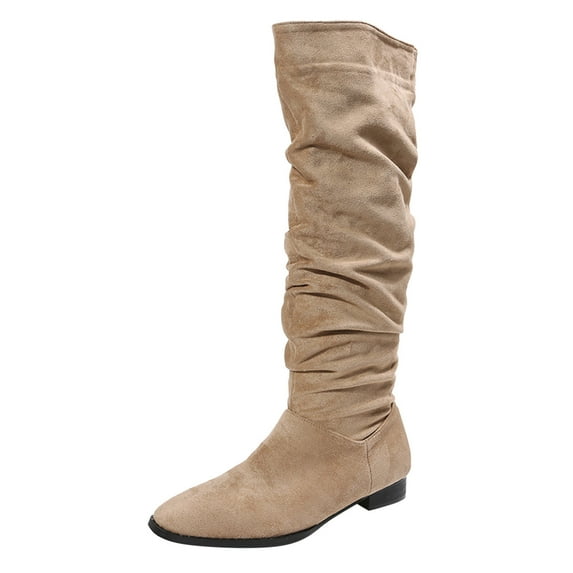 YLYL Boots for Women Knee High Low Heel Comfortable Pointed Toe Warm Pleated Slip on Block Winter Casual Outdoor Shoes
