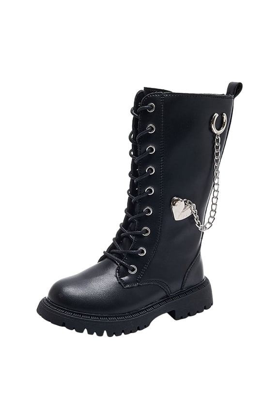 Little Big Kid Girls Mid Calf Boots Waterproof Leather Lace up Side Zipper Winter Combat Riding Boots