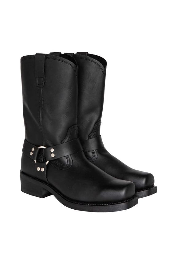 Men Mid Calf Boots Harness Straps Pull on PU Leather Square Toe Motorcycle Classic Western Boots