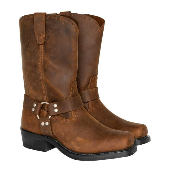 YLYL Men Mid Calf Boots Harness Straps Pull on PU Leather Square Toe Motorcycle Classic Western Boots