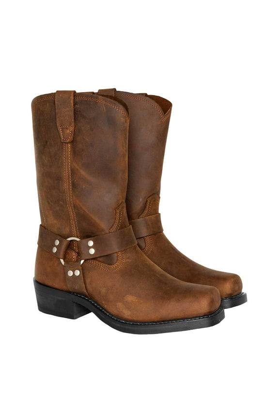 Men Mid Calf Boots Harness Straps Pull on PU Leather Square Toe Motorcycle Classic Western Boots