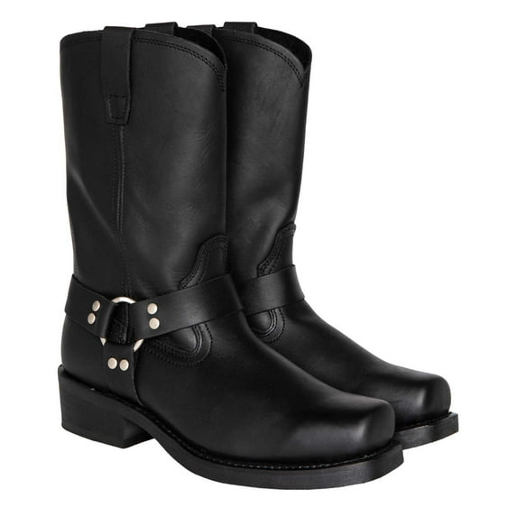 YLYL Men Mid Calf Boots PU Leather Harness Straps Square Toe Pull on Western Motorcycle Boots