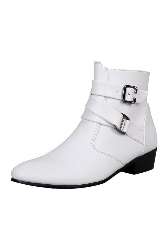 Men's Chelsea Boots Pointed Toe Buckle Straps Side Zipper Chunky Heel Western Dress Ankle Boots
