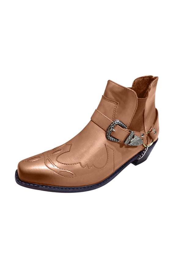 Men's Vintage Pointed Toe Cowboy Boots Fashion Western Personality Belt Buckle Thick Heel Slip-On Booties
