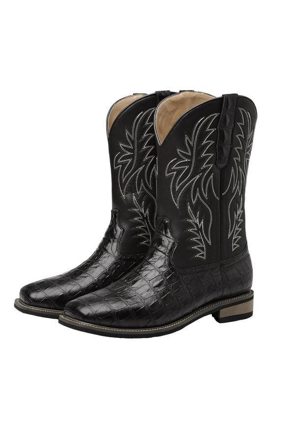 Men's Cowboy Boots Crocodile Print Embroidered Block Low Heel Western Mid Calf Boots Riding Shoes