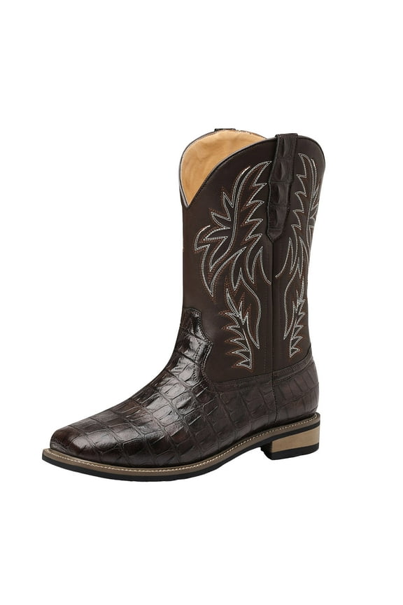 Mens Leather Square Toe Cowboy Boot Embroidered Embossed Crocodile Western Boot