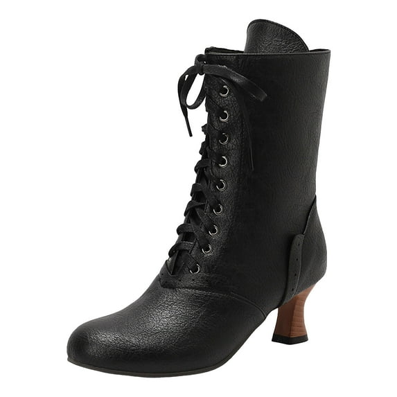 YLYL Mid Calf Boots for Women Cuban Heel Lace up Vintage Victorian Costume Goth Witch Granny Boots
