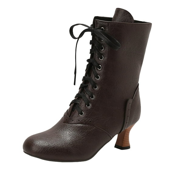 YLYL Mid Calf Boots for Women Cuban Heel Lace up Vintage Victorian Costume Goth Witch Granny Boots