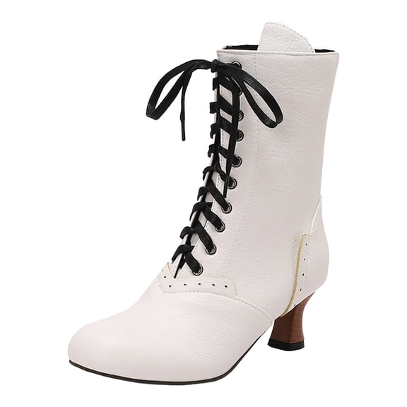 YLYL Mid Calf Boots for Women Cuban Heel Lace up Vintage Victorian Costume Goth Witch Granny Boots