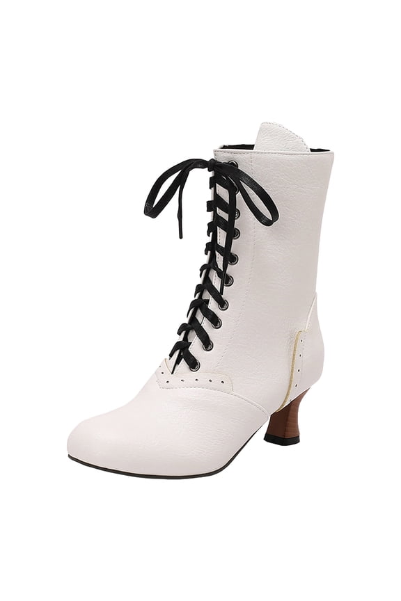 Mid Calf Boots for Women Cuban Heel Lace up Vintage Victorian Costume Goth Witch Granny Boots