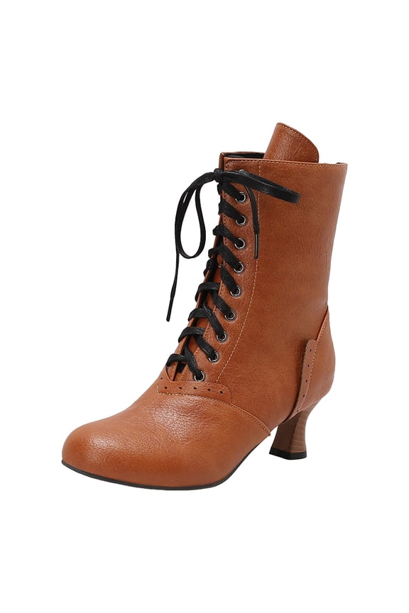 Mid Calf Boots for Women Cuban Heel Lace up Vintage Victorian Costume Goth Witch Granny Boots