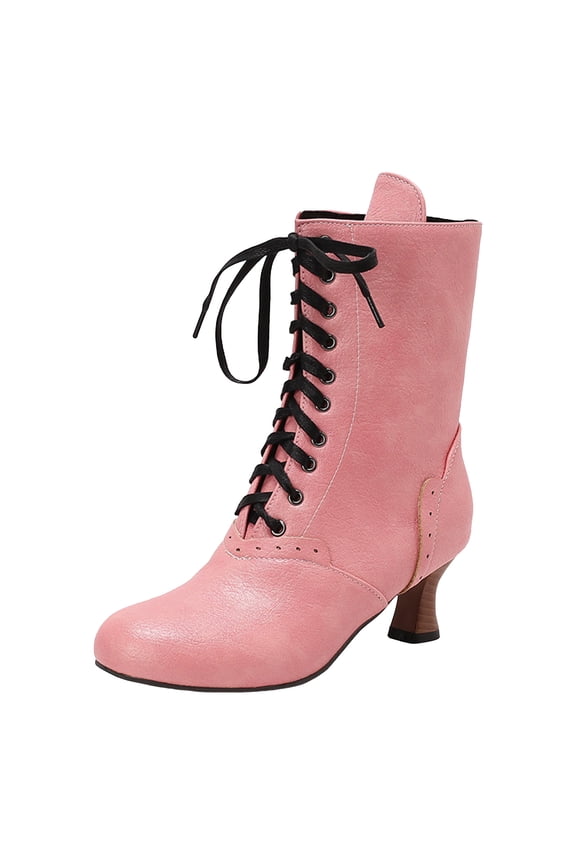Mid Calf Boots for Women Cuban Heel Lace up Vintage Victorian Costume Goth Witch Granny Boots