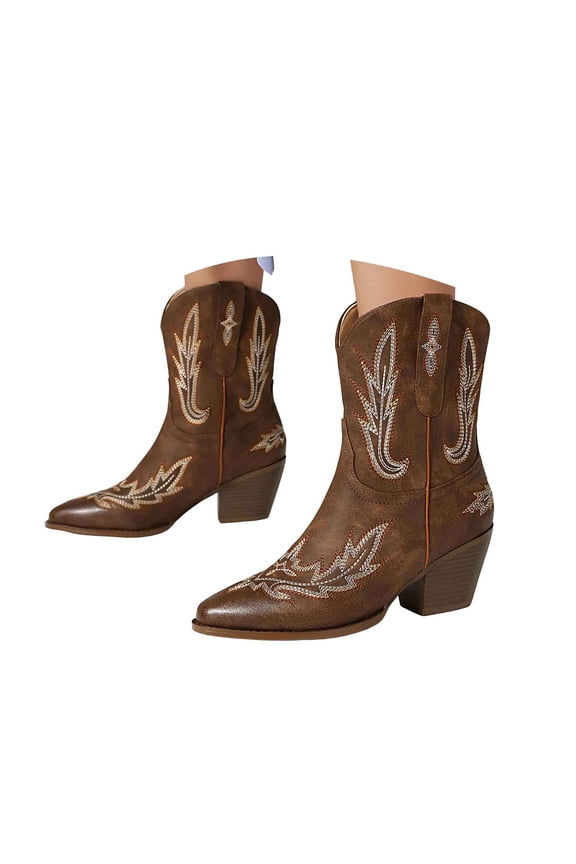 Mid Calf Boots for Women Embroidered Pointed Toe Pull on Chunky Heel Western Cowgirl Cowboy Boots