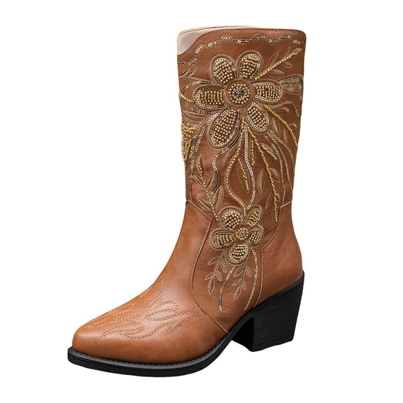 YLYL Mid Calf Boots for Women Fashion Embroidery Stitched Chunky Heel Western Cowboy Cowgirl Boots