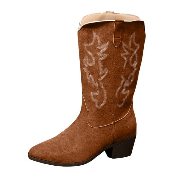 YLYL Mid Calf Boots for Women Wide Width Retro Boho Embroidered Suede Western Cowboy Cowgirl Low Heel Riding Shoes