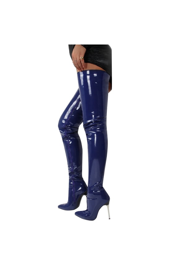 Over the Knee High Boots for Women Sexy Zipper Pointed Toe Heel Faux Leather Surgical Stretch Riding Thigh Boots