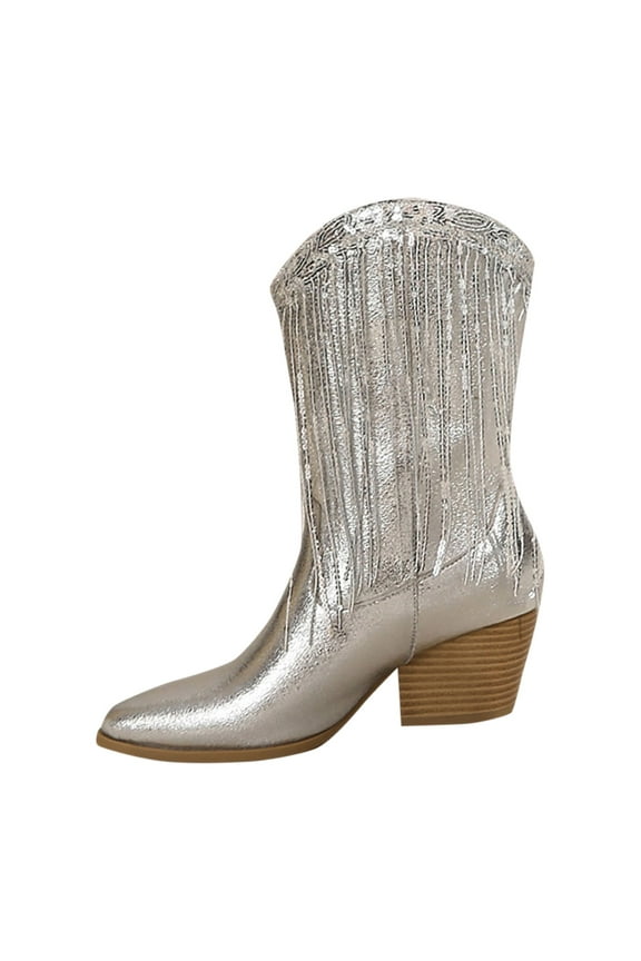 Rhinestone Cowboy Boots for Women Pointed Toe Stacked Mid Heel Tassel Calf Sparkly Cowgirl Shiny Bride Wedding