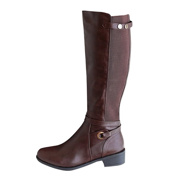 YLYL Riding Boots for Women Silver Buckle Round Toe Leather Motorcycle Style Knee High Boots