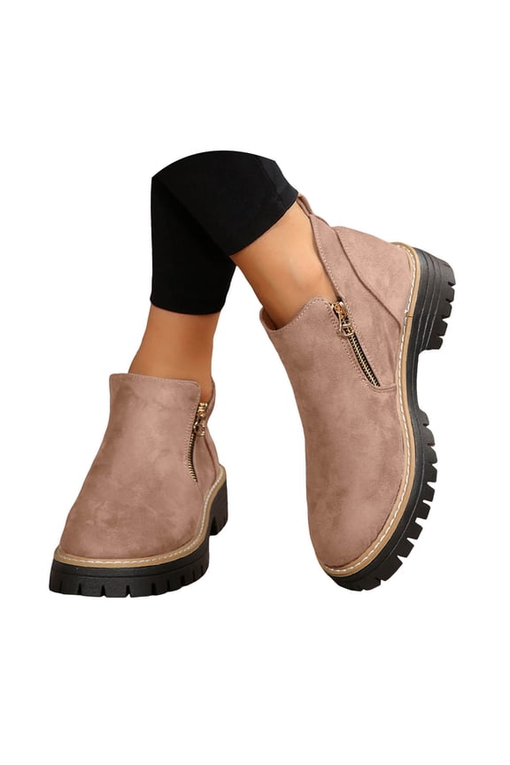Women Suede Ankle Boots Chunky Heel Lug Sole Round Toe Side Zipper Vintage Casual Short Booties