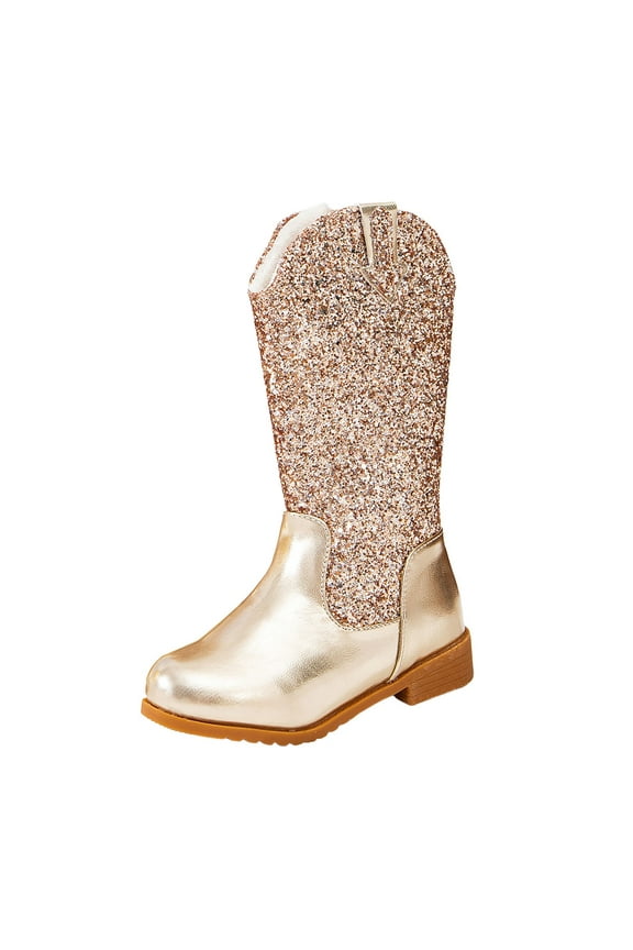 Toddler Girls Mid Calf Boots Slip on Round Toe Glitter Princess Cowgirl Western Riding Boots