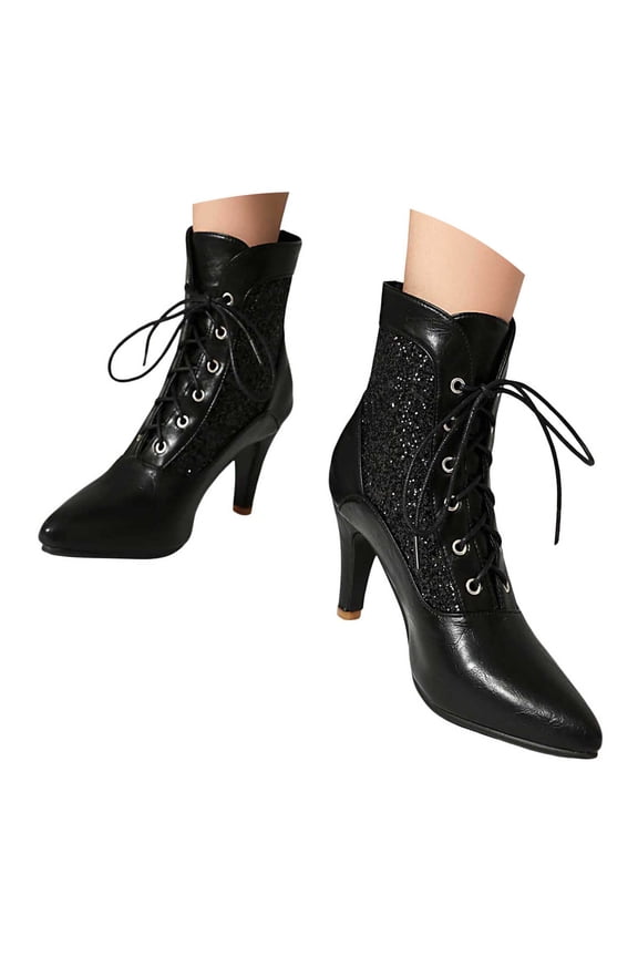 Victorian Ankle Boots for Women Lace up Mid Heel Witch Pointed Toe Glitter Sparkly Vintage Dress Short Boots