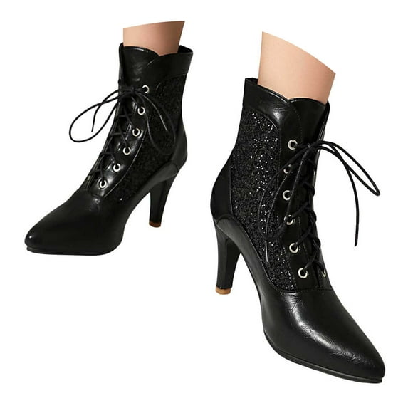 YLYL Victorian Ankle Boots for Women Lace up Mid Heel Witch Costume Pointed Toe Glitter Sparkly Vintage Dress Short Boots