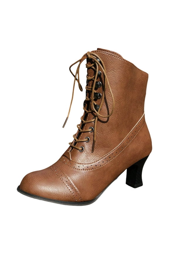 Womens Ankle Boots Wide Calf Mid Heel Lace up Vintage Victorian Cosplay Witch Boots