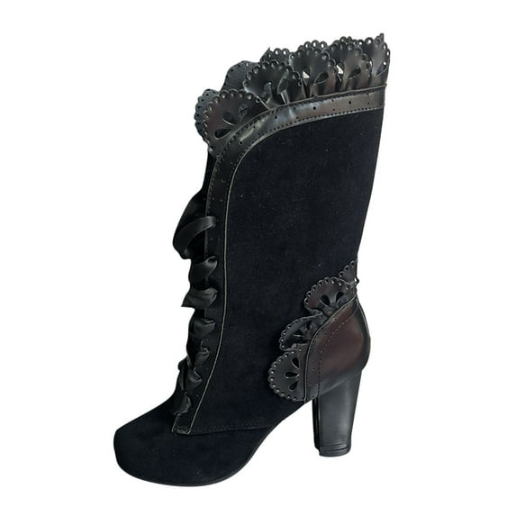 YLYL Victorian Boots for Women Vintage Ruffles Goth Lace up 70S Retro Halloween Witch Stuff Cuban Heel Mid Calf Boots
