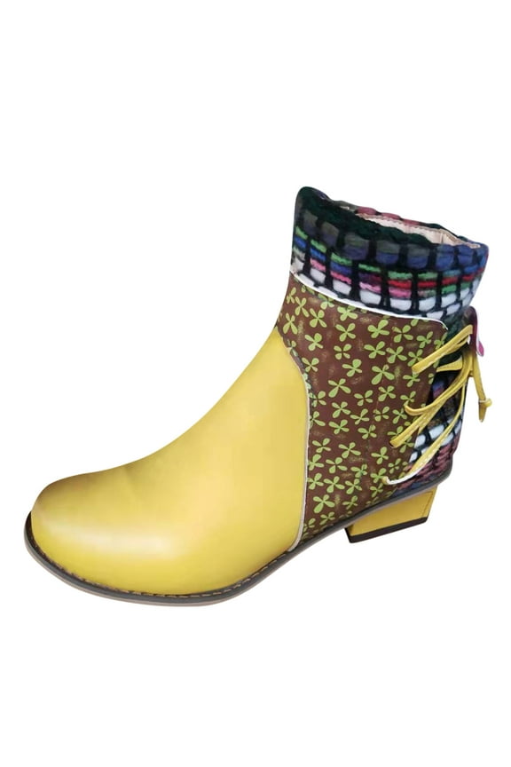 Ankle Boots for Women Ethnic Boho Leather Round Toe Lace up Block Mid Heels Retro Dress Short Boots with Side Zipper