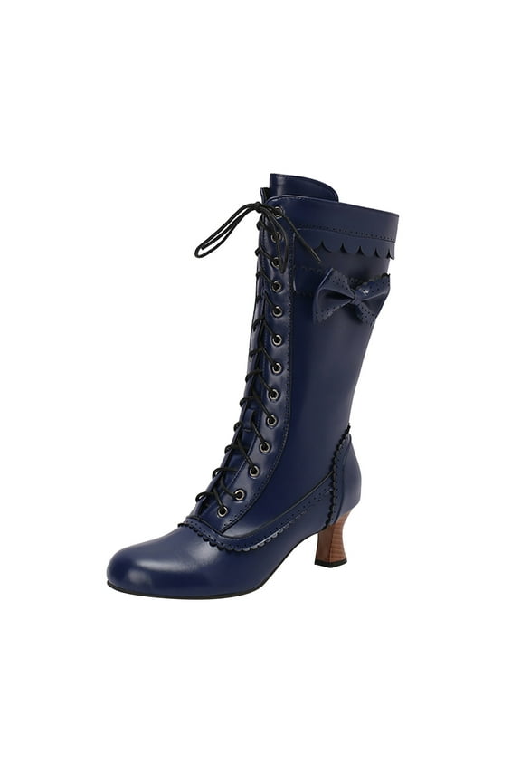 Vintage Victorian Boots for Women Bow Lace up Goth Boots Halloween Witch Mid Calf Boots