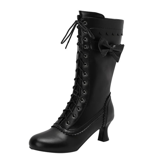 YLYL Vintage Victorian Boots for Women Bow Lace up Goth Boots Halloween Witch Mid Calf Boots