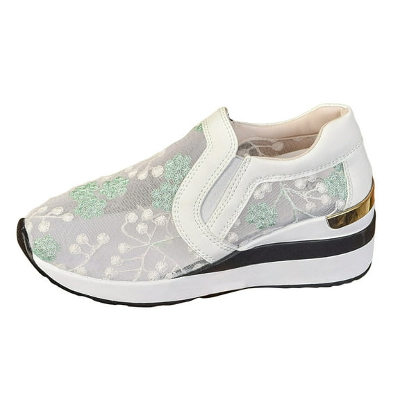 YLYL Wedge Sneakers for Women Embroidery Floral Mesh Comfort Sole Slip on Breathable Walking Work Shoes with Arch Support