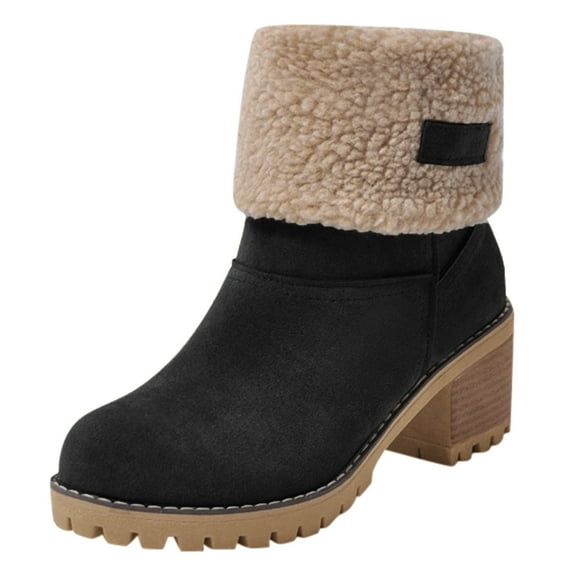 YLYL Winter Boots for Women Slip on Stacked Heel Warm Suede Fur Lined Snow Ankle Outdoor Mid Calf Boots