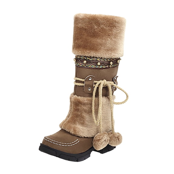 YLYL Winter Snow Boots for Women Fur Lined Furry Warm Lace up Anti-Slip Mid Calf Knight Boots