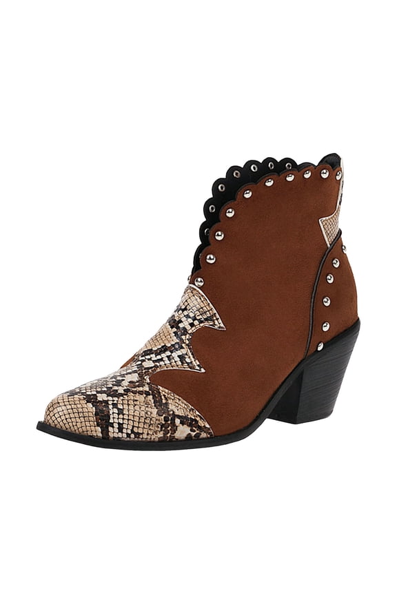 Women Ankle Booties Snakeskin Studded Pointed Toe Chunky High Heel Fashion Office Party Dress Boots