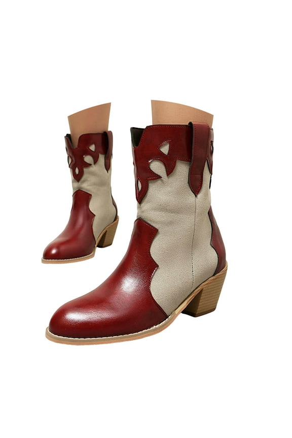 Ankle Boots Women Comfortable Low Mid Heel Round Closed Toe Western Cowboy Boots