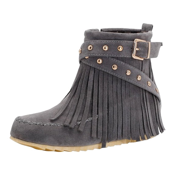 YLYL Women Ankle Boots Fringe Round Toe Side Zipper Fashion Casual Retro Western Cowboy Cowgirl Boots