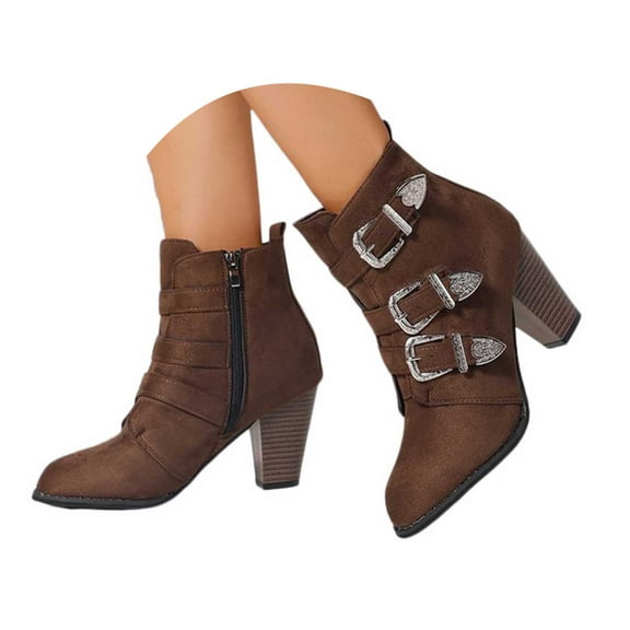 YLYL Women Ankle Boots Metal Buckle Straps Chunky Heel Pointed Toe Side Zipper Fashion Short Boots