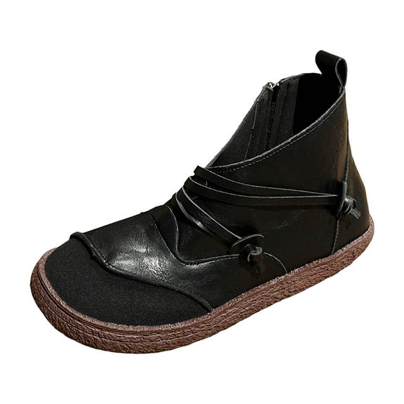 YLYL Women Ankle Boots Wide Calf Retro Leather Splicing Side Zipper Round Toe Slip on Walking Shoes