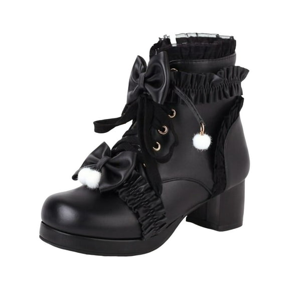 YLYL Women Ankle Boots with Bow Lace up Chunky Mid Heel Lolita Kawaii Cosplay Fall Winter Shoes