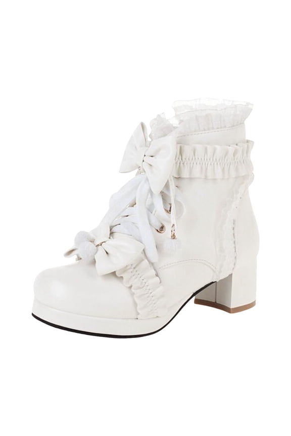 Women Ankle Boots with Bow Lace up Chunky Mid Heel Lolita Kawaii Cosplay Fall Winter Shoes