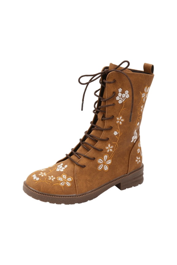 Women Boots Stylish Floral Embroidery Hiking Riding Boots Round Toe Low Heel Lace up Comfy Winter Walking Work Travel Shoes
