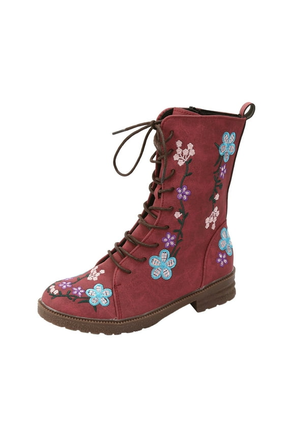 Women Boots Stylish Floral Embroidery Hiking Riding Boots Round Toe Low Heel Lace up Comfy Winter Walking Work Travel Shoes