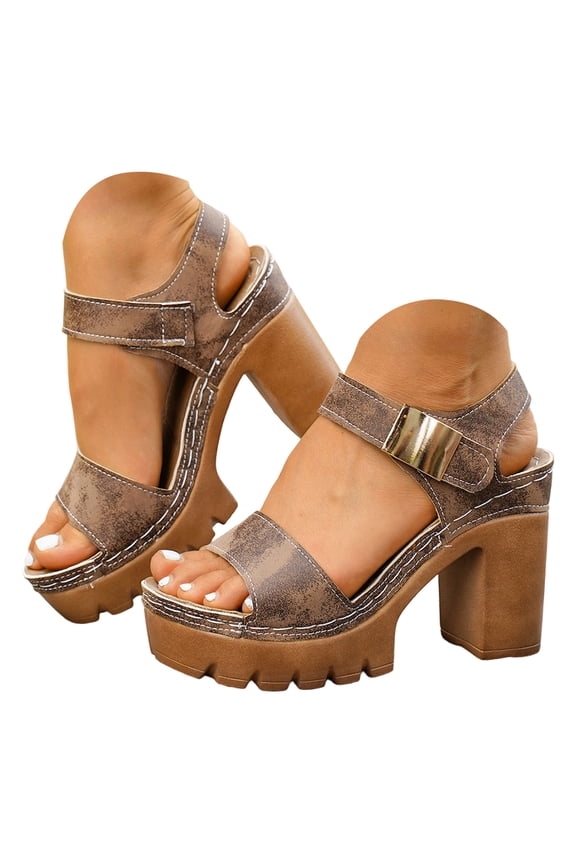 Women Denim Platform Sandals Chunky Block Heel Metal Buckle Wood Open Toe Retro Casual Summer Dress Shoes