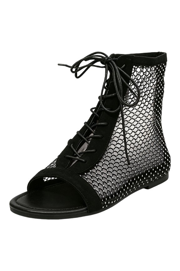 Women Fishnet Mesh Ankle Boot Sandals Lace up Open Toe Gothic Gladiator Summer Flat Shoes