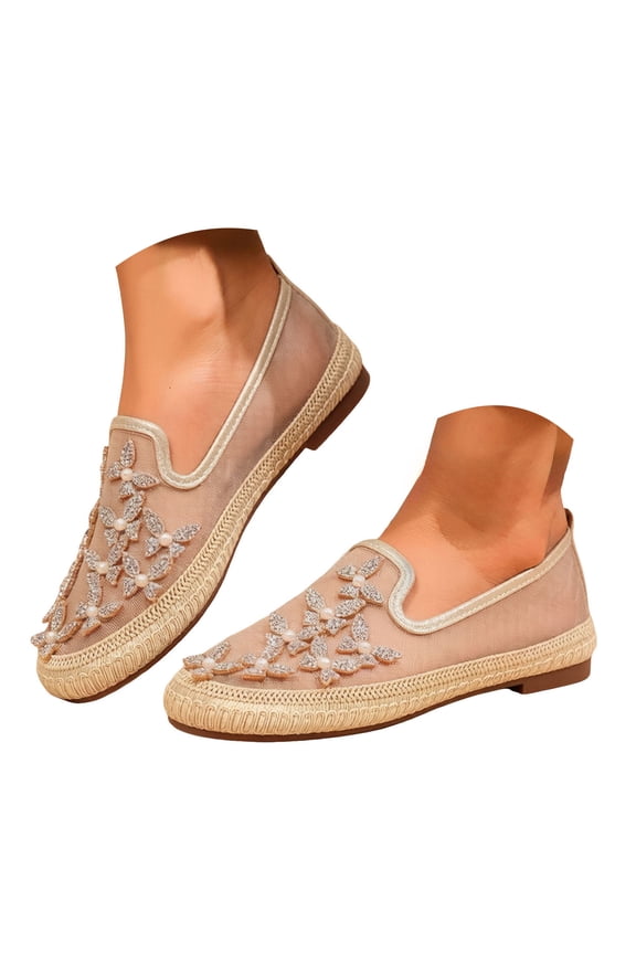 Women Flat Loafers Rhinestone Leaf Floral Breathable Mesh Non Slip Fashion Casual Summer Shoes
