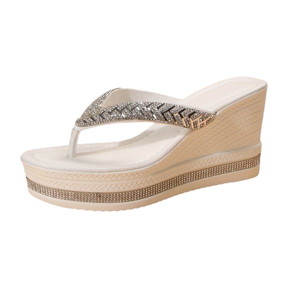 YLYL Women Flip Flops Rhinestone Wedge Platform Heel Clip Toe Summer Beach Thong Slides Shoes