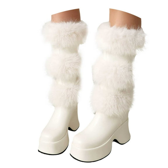YLYL Women Furry Mid Calf Boots Round Toe Wedge Platform Heel Winter Warm Snow Slip on Boots